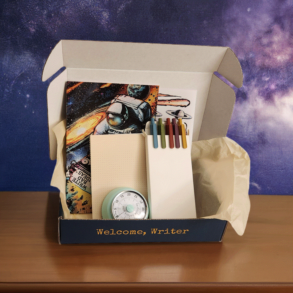 The notebook subscription box featuring one cool journal, timer, notepad, and pens.
