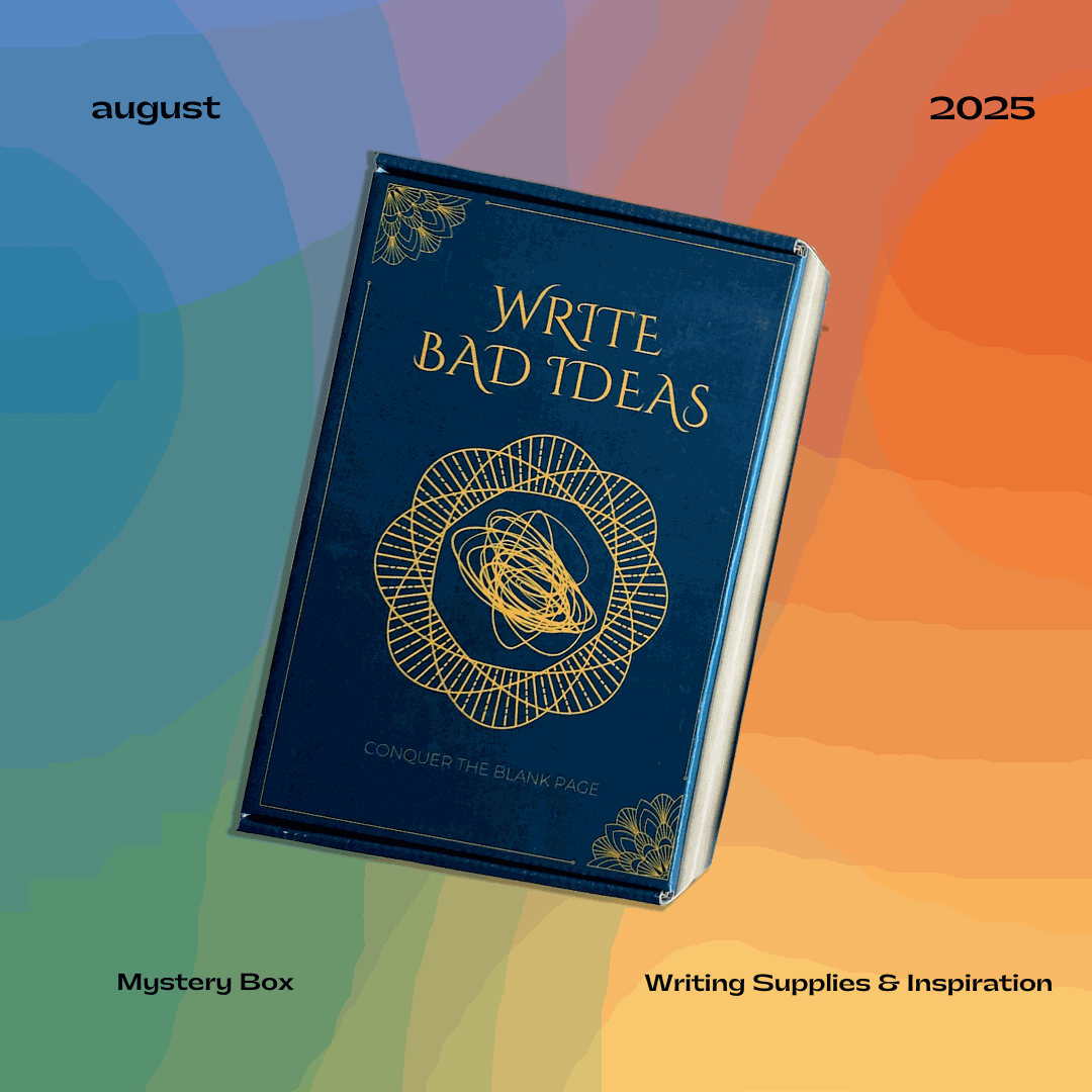 Blue notebook with 'Write Bad Ideas' text on a gradient background