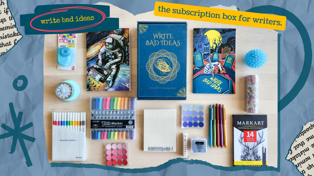 Writer's Productivity & Inspiration Box with notebooks, stickers, and goodies for July 2025 pre-order.