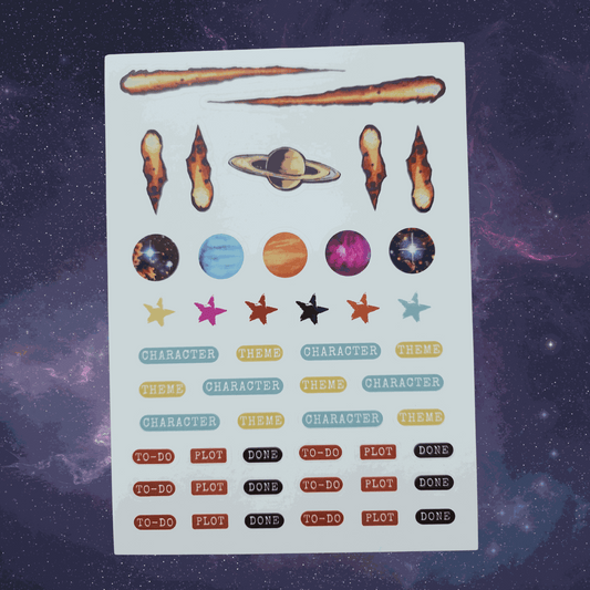 Sheet of stickers with space-themed designs on a starry background