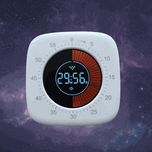 Digital timer with a space-themed background